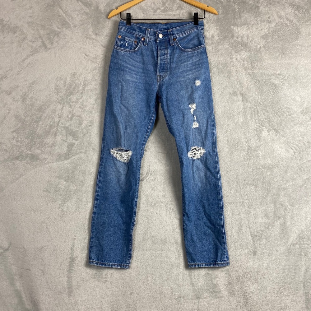 Levis 501 Original Ankle Distressed Jeans Blue W26 L30‎ 12501-0434 Button Fly